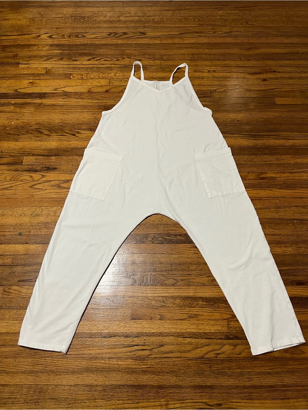 Casual Cream Cotton Tank-Strap Romper with Front Pockets